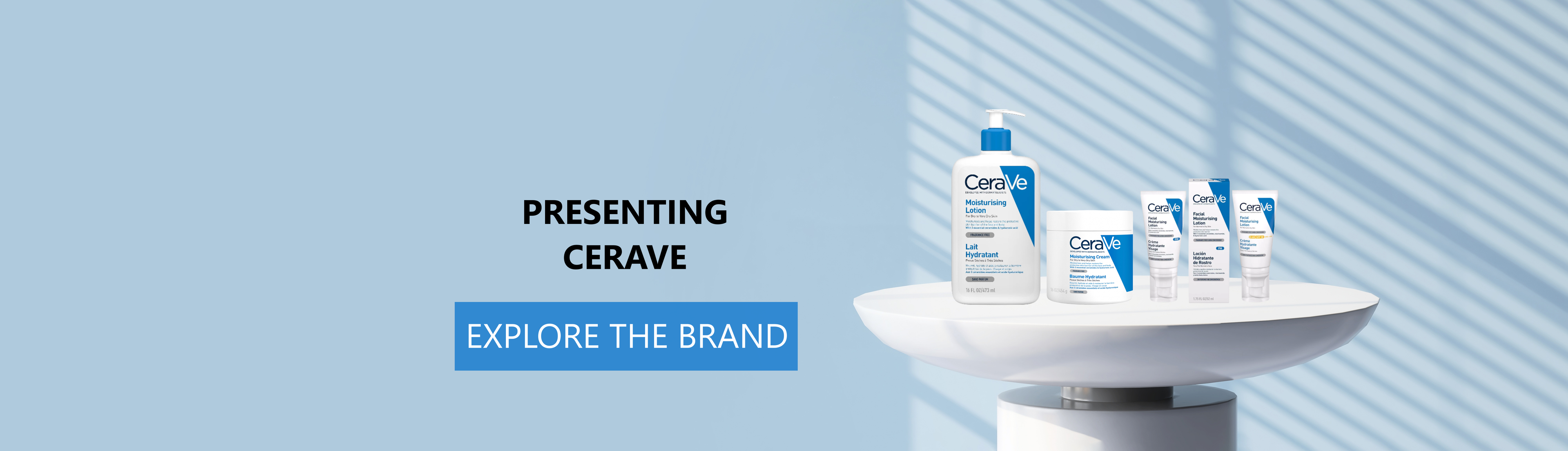 CeraVe products lined up on a clean white shelf